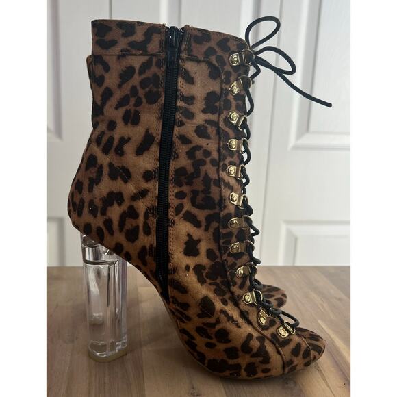 Women's Cheetah Print Lace Up Open Toe Clear 4 Inch Heel Going Out Size 6.5 - Picture 2 of 10